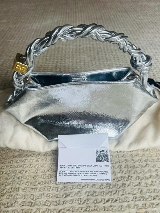 NWT GANNI Bou Mini Bag Silver Metallic Leather Top Handle Logo Bag Purse - Picture 5 of 7